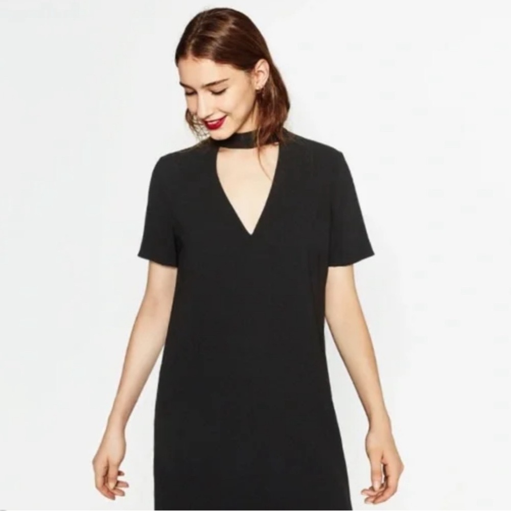 NWT Zara woman choker collar v-neck shift mini dress black size small